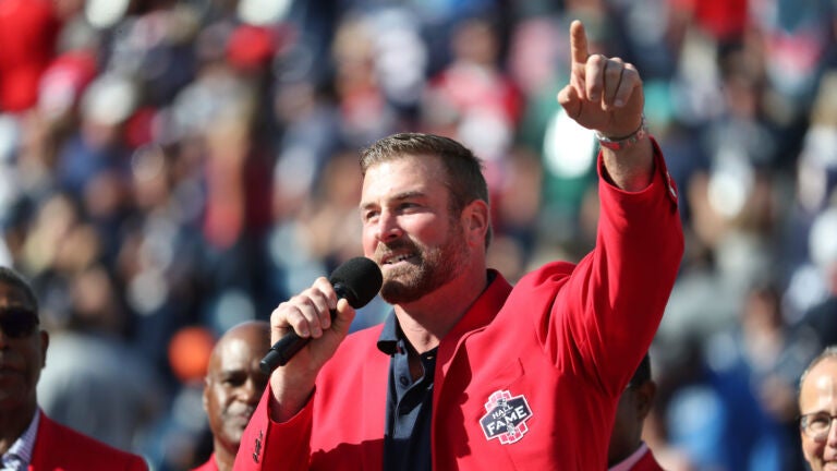 Retired New England Patriots Matt Light inducted into the Patriots Hall of Fame during a half time celemony of their game against the Miami Dolphins at Gillette Stadium Sunday, Sept. 30, 2018.
